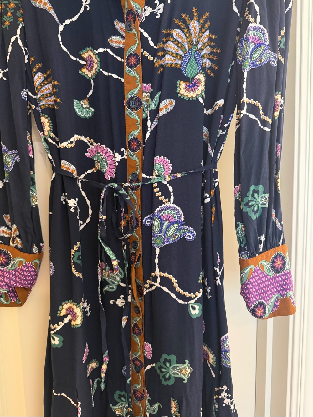 LOFT Black Floral Midi Shirt Dress with Contrast Trim - Picture 3 of 5